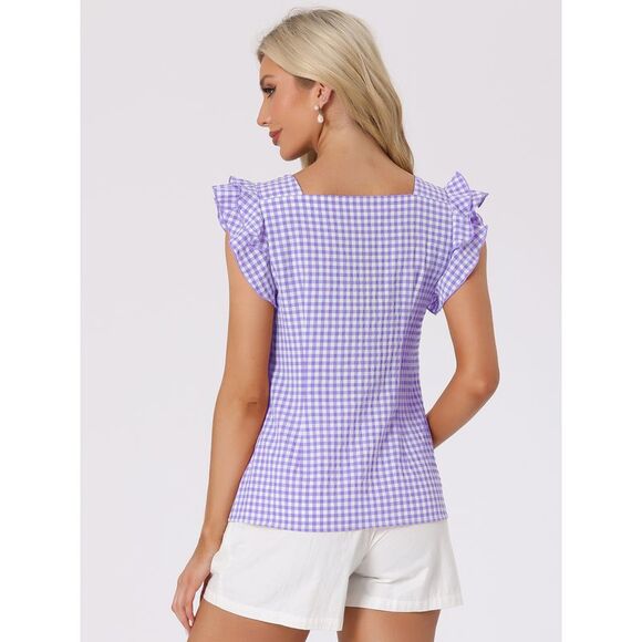Summer Gingham Tops Square Neck Ruffle Cap Sleeve Blouses Purple - Picture 3 of 6